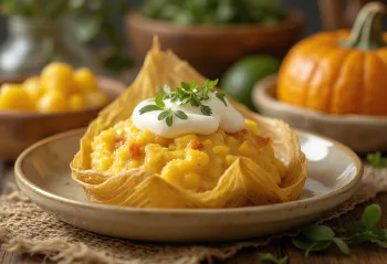 Tamalito smetanalla, tuoreella korianterilla ja limelohkoilla tarjoiltuna