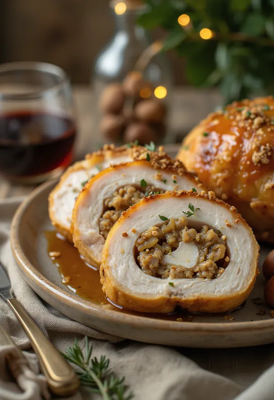 Mehukkaita kastanjatäytteisiä kalkkunanrintaviipaleita vihannesten kera tarjoiltuna.