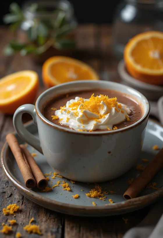 Kermainen appelsiini-kuumasuklaa mukissa appelsiininkuorella ja kermavaahdolla