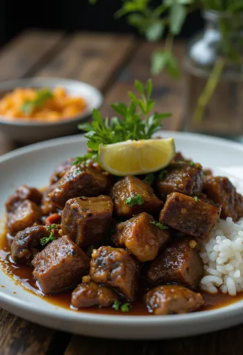 Rendang Kambing tarjoiltuna, rikkailla mausteilla ja kookosmaidolla