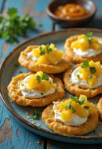 Sev puri mangopaloilla, jogurtilla ja mausteilla tarjoiltuna