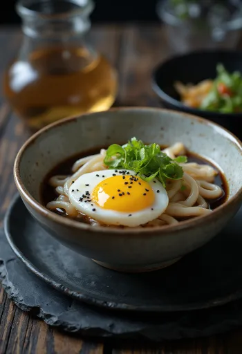 Hadaka Udon kulho kylmällä kananmunalla ja soijakastikkeella