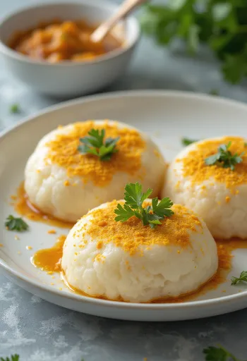 Idli podilla, intialainen ruoka höyrytetyillä riisipalloilla, kurpitsansiemenillä ja korianterilla koristeltuna