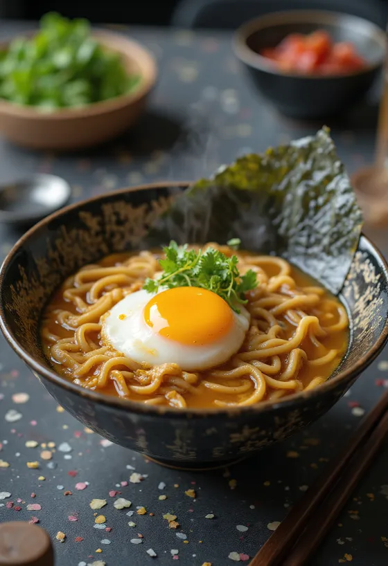 Onsen Tamago Ramen, japanilainen keitto, pehmeällä kananmunalla, ramen-nuudelilla, kevätsipulilla ja muilla täytteillä