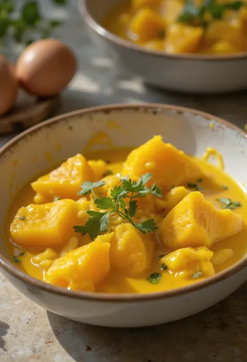 Munakoisocurry bataatilla tarjoiltuna