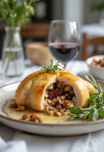 Täytetty viiriäinen villiriisillä tarjoiltuna lautasella