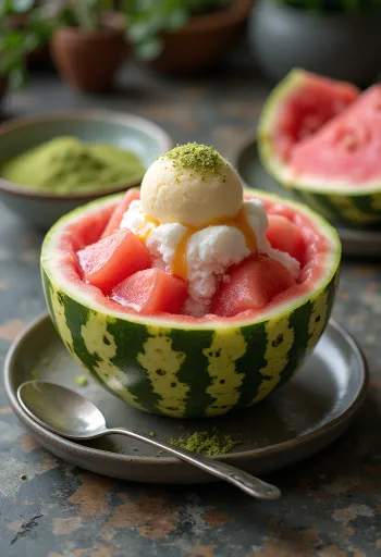 Subak Bingsu tarjoiltuna tuoreella vesimelonilla ja mantelilla