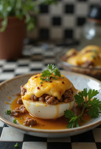 Täytetty munakoiso rapealla juustokuorrutteella, tuoreilla yrteillä koristeltuna