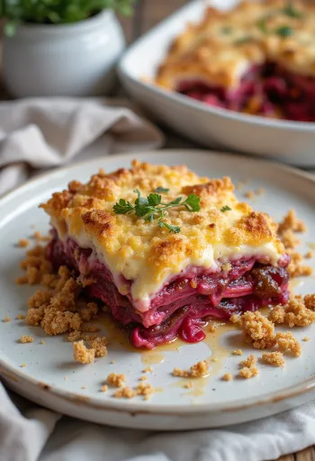 Vegaaninen munakoisomoussaka punajuurella