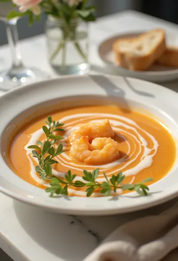 Bisque valkoviinillä, kermainen äyriäiskeitto