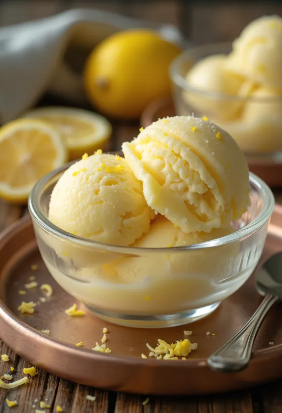 Raikas sitruunajäätelö tarjoiltuna