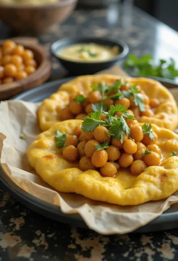 Doubles kikherneillä, mausteisella ragulla täytetyt leipälevyt