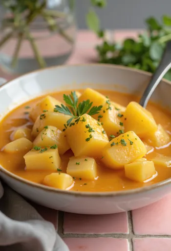 Klassinen perunamuhennos smetanasuuruksella ja tuoreella persiljalla koristeltuna.