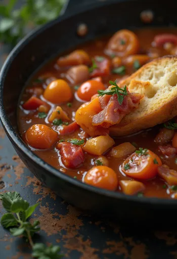 Lecsó tarjoiltuna tuoreen paprikan, tomaatin ja savumakkaran kera