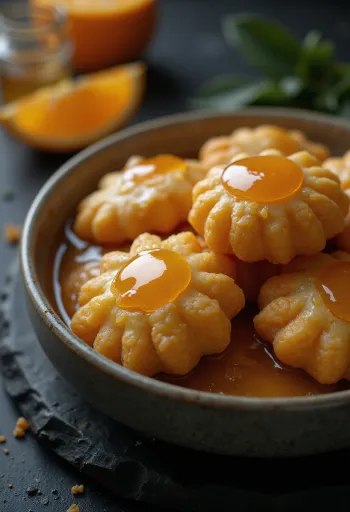 Melomakarona-leivonnainen hunaja-appelsiinisiirapilla kostutettuna, tarjoiltuna