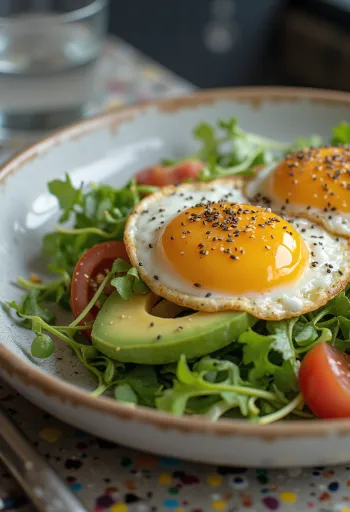 Onsen Tamago Salaatti pehmeällä kananmunalla, tuoreilla vihanneksilla ja täyteläisellä kastikkeella