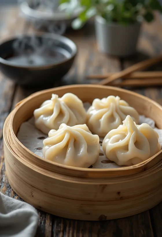 Siomay merikalalla, kookoshiutaleilla ja kevätsipulilla tarjoiltuna lautasella