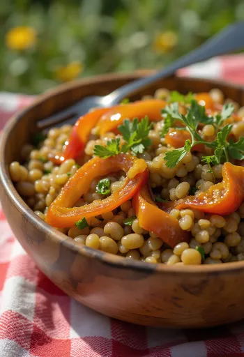 BBQ-grillattu sinappi-linssisalaatti tarjoiltuna