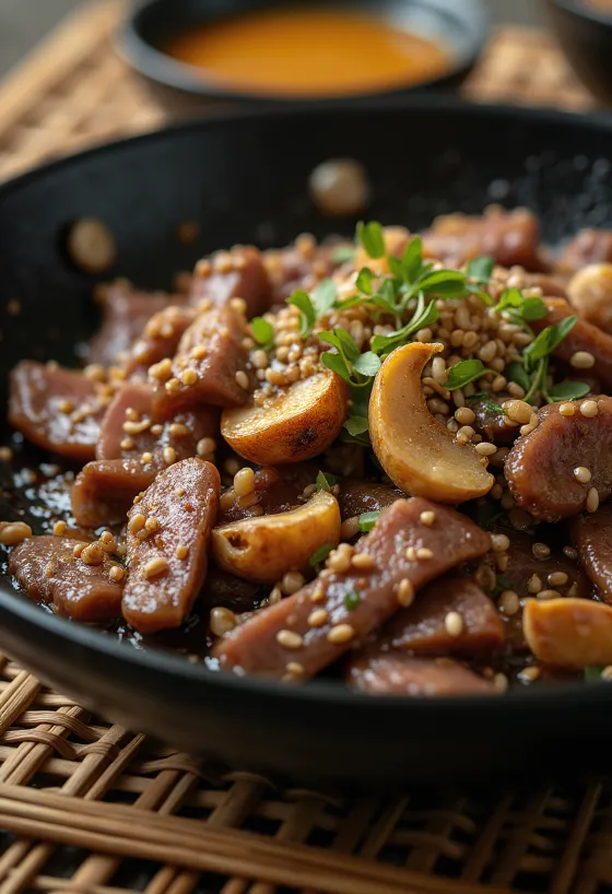 Naudan Bulgogi Valkosipulilla, korealainen ruoka tarjoiltuna