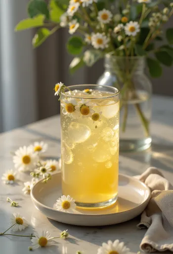 Probioottinen kamomillakombucha laseissa, kullankeltainen juoma