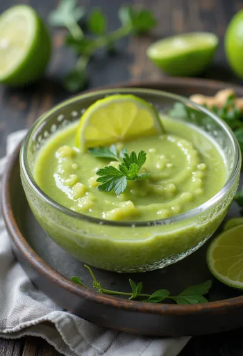 Vihertävä yrttikastike kulhossa