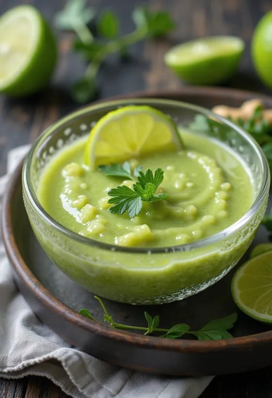 Vihertävä yrttikastike kulhossa