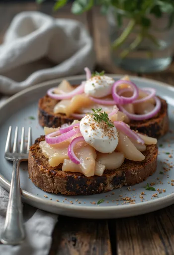Smørrebrød sillillä ja sipulilla, tarjoiltuna tuoreen persiljan kera