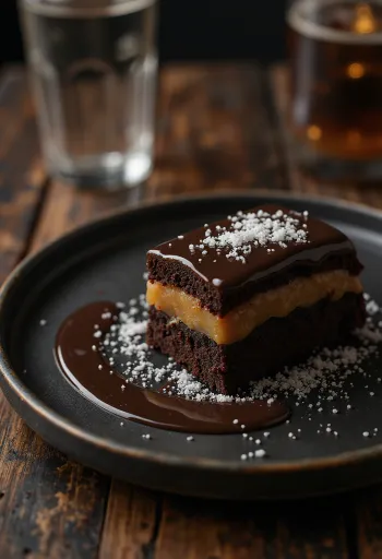 Suolainen kinuskitryffelikakku viipaleina tarjoiltuna