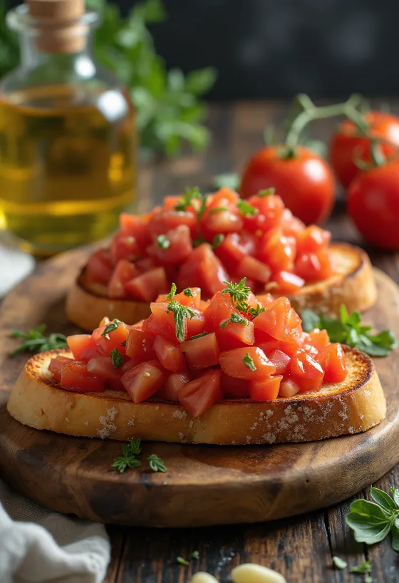Vegaaninen tomaattibruschetta tarjoiltuna
