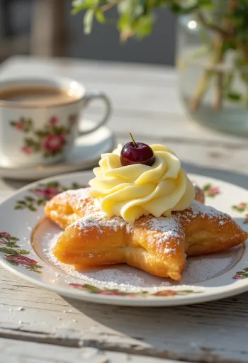 Zeppole di San Giuseppe, vaniljakreemillä ja kirsikalla täytettynä, tomusokerilla koristeltuna
