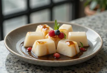 Valkoinen kuzumochi-jälkiruoka hedelmillä valkoisessa kulhossa