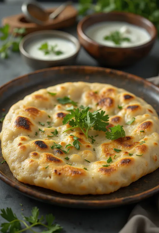 Lauki Paratha, täytetty kurpitsaleipä, tarjoiltuna tuoreen korianterin kera