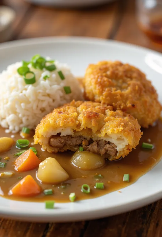 Menchi katsu currykastikkeella, tarjoiltuna keitetyn riisin ja vihannesten kera