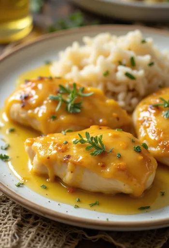 Mehevä hunaja-sinappikananrinta rapeaksi paistettuna, tarjoiltuna tuoreiden vihannesten kera.