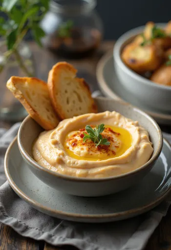 Munakoisotahna paahdetulla paprikalla tarjoiltuna