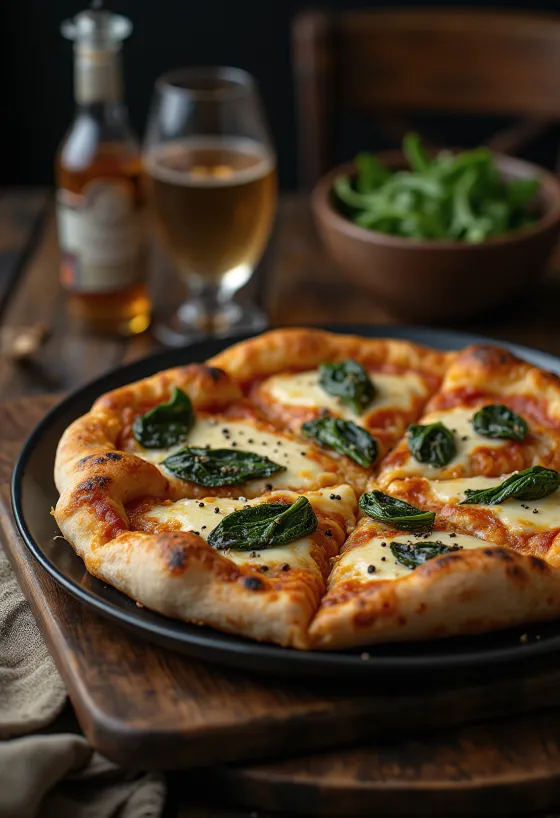 Tiibetiläistyylinen pizza tarjoiltuna jakkijuustolla ja tuoreella pinaatilla