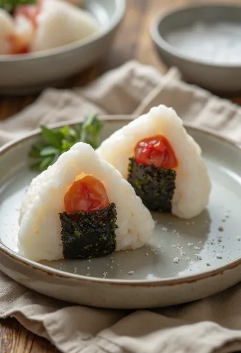 Onigiri Umeboshi-täytteellä tarjoiltuna, tuoreilla nori-arkeilla