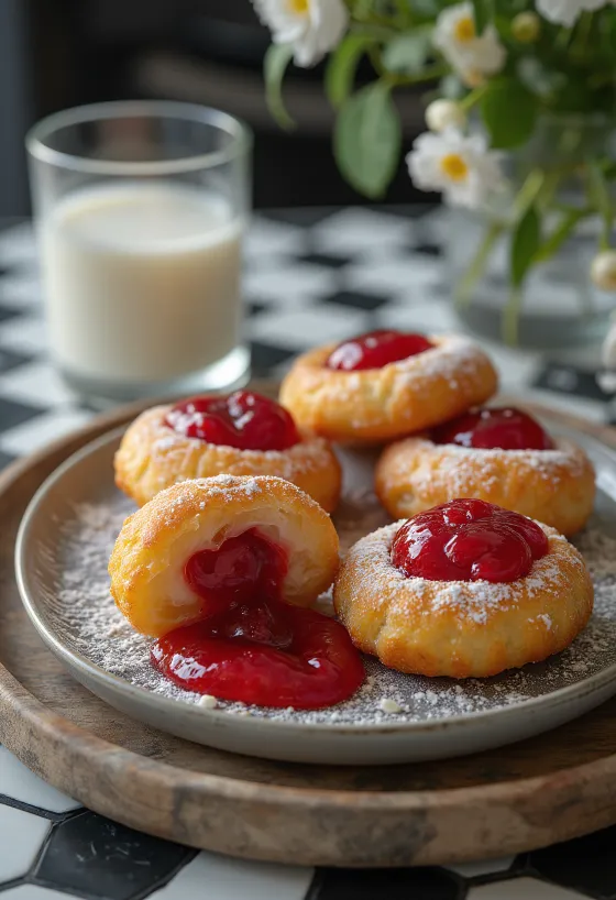 Zeppole mansikkahillolla täytettynä, tomusokerilla ripoteituna, maalaismaisella vadilla