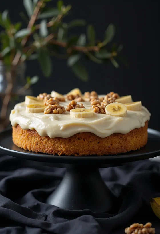 Banaani-saksanpähkinäkakku mascarpone-kermalla ja pähkinöillä koristeltuna