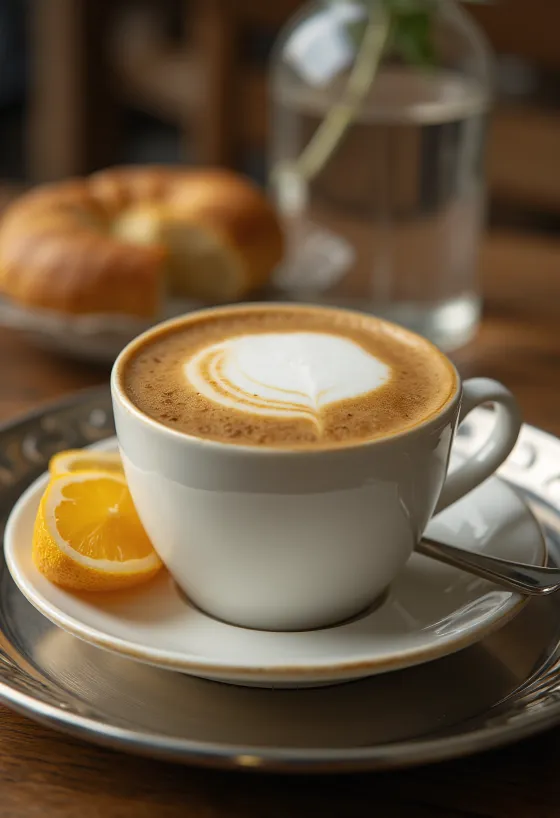 Kaneli-inkiväärilatte kahvijuoma koristeltuna kanelitangolla ja inkiväärillä