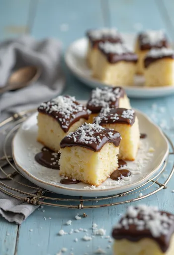 Kookoskuutio suklaakuorrutteella ja kookoshiutaleilla