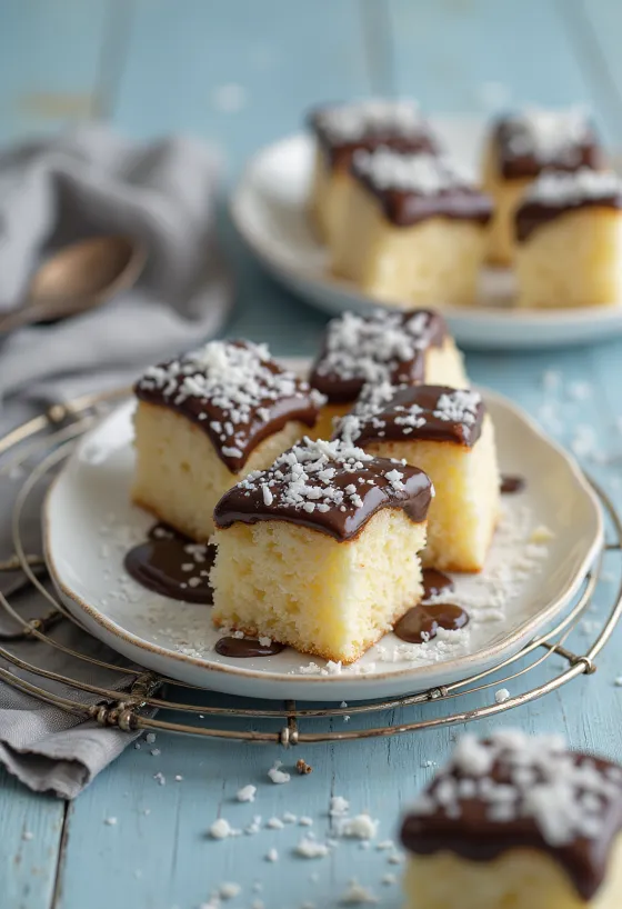 Kookoskuutio suklaakuorrutteella ja kookoshiutaleilla