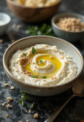 Munakoisotahna tahinikastikkeella tarjoiltuna