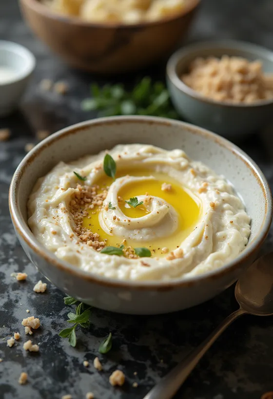 Munakoisotahna tahinikastikkeella tarjoiltuna