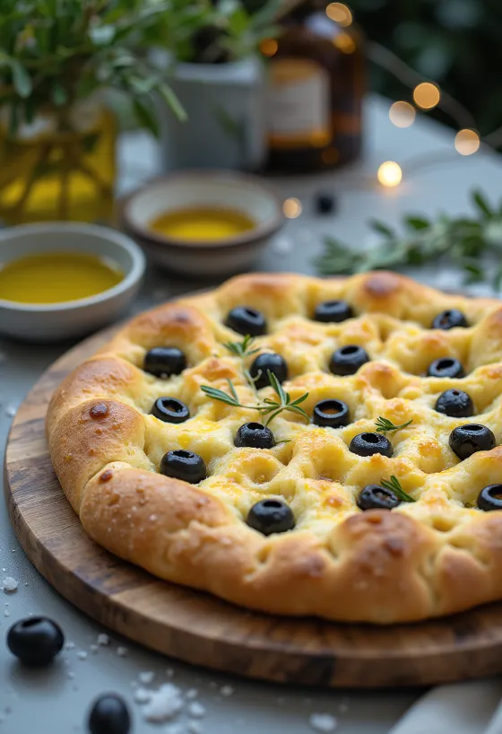Rosmariini-mustaoliivifocaccia tarjoiltuna