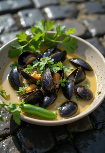 Sururu korianterilla, tarjoiltuna tuoreilla merenelävillä