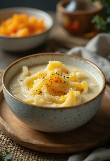 Kermainen kurpitsamuhennos tillillä ja smetanalla, tarjoiltuna tuoreen rapean sämpylän kera.