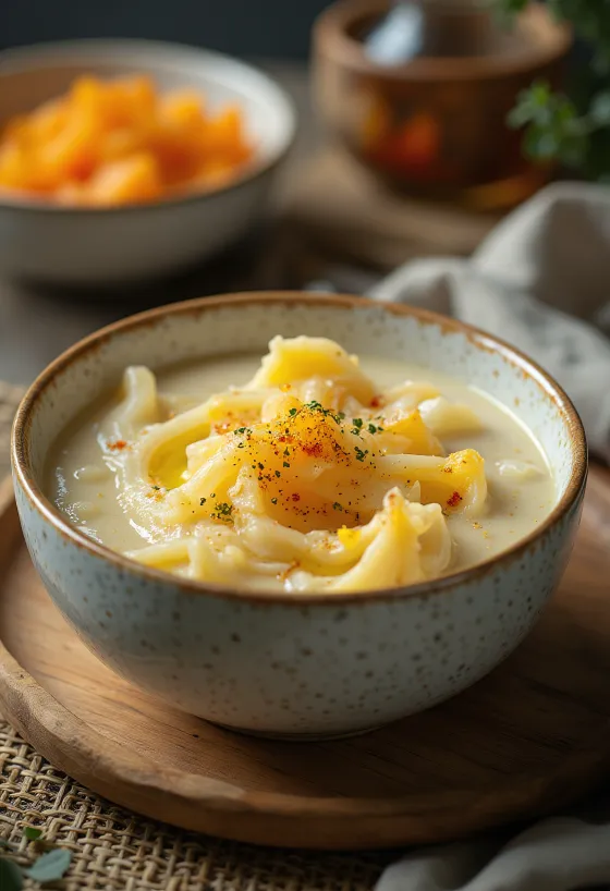 Kermainen kurpitsamuhennos tillillä ja smetanalla, tarjoiltuna tuoreen rapean sämpylän kera.