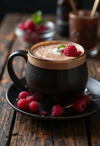 Suklaa-vadelmasiideri lasissa tarjoiltuna