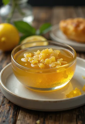 Hunaja-sitruuna-inkiväärikuorrute kulhossa, sitruunaviipaleilla ja inkiväärillä koristeltuna.